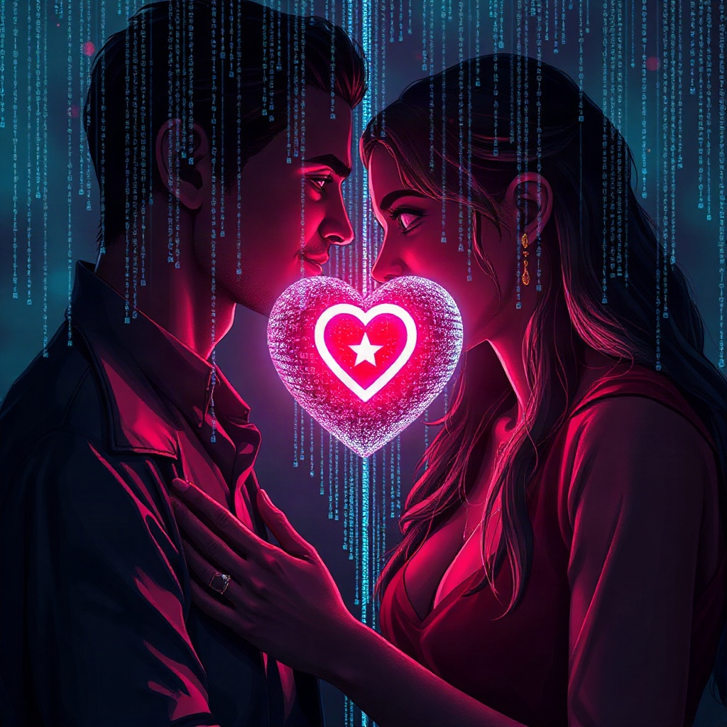 Sci-fi romance drama cover with holographic code and digital heart